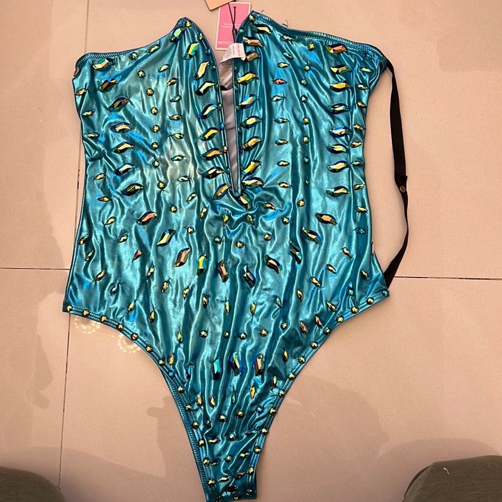 Jeweled plunge, one piece swimsuit